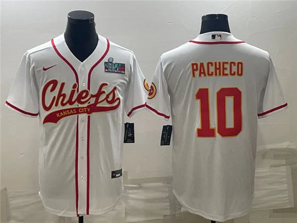 Baseball Jersey For Softball Teams-Men's Kansas City Chiefs #10 Isiah Pacheco White With Super Bowl LVII Patch Cool Base Stitched Baseball Jersey