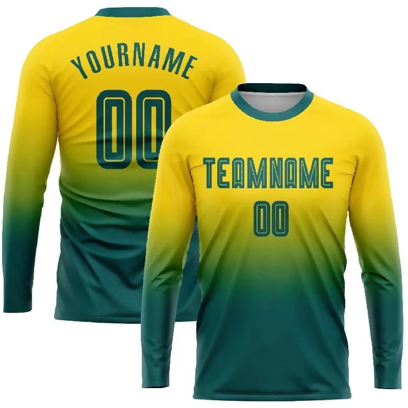 Football Jersey With Player Numbers-Custom Gold Teal Sublimation Long Sleeve Fade Fashion Soccer Uniform Jersey