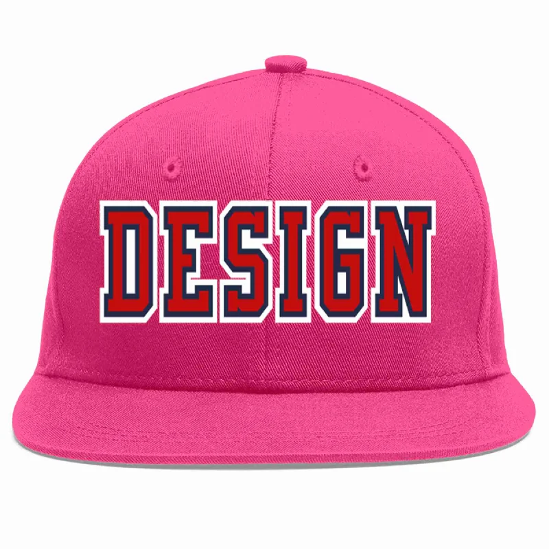 Baseball Cap With Bold Color Combinations-Custom Rose Red Red-Navy Flat Eaves Sport Baseball Cap Design for Men/Women/Youth