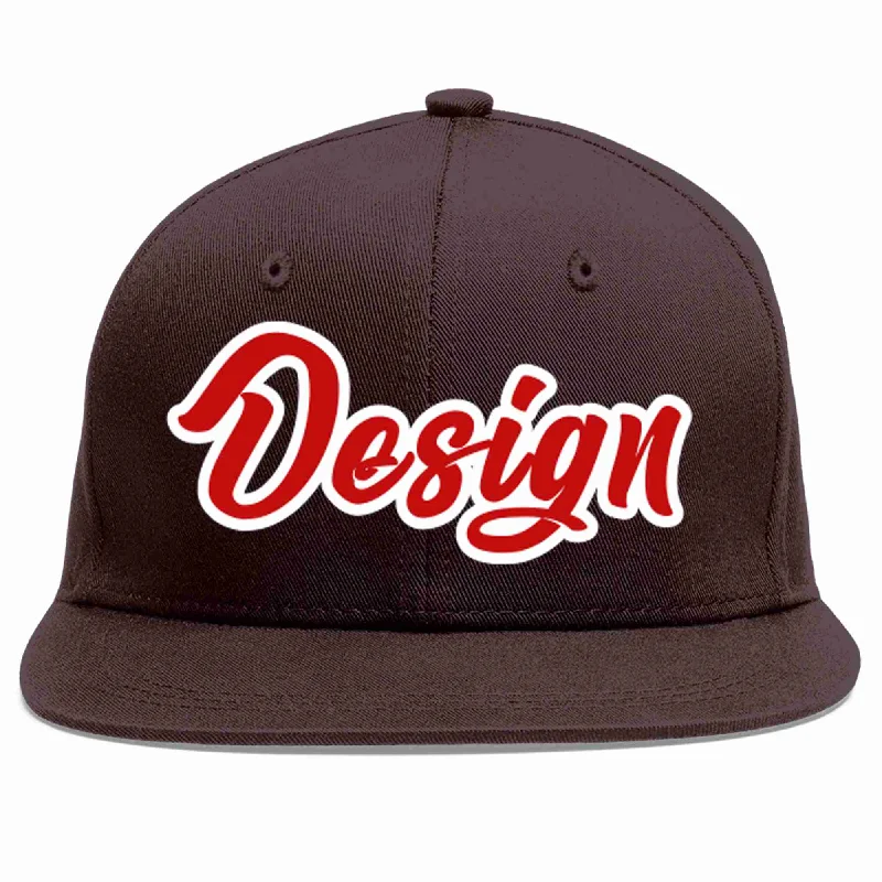 Baseball Cap With Fun Features-Custom Brown Red-White Flat Eaves Sport Baseball Cap Design for Men/Women/Youth