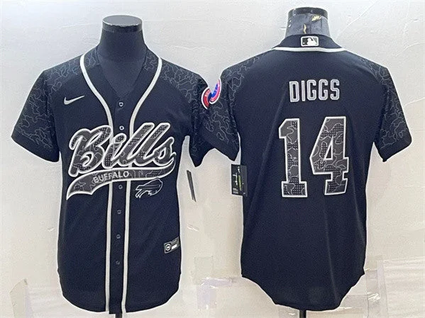 Baseball Jersey With Player Numbers And Logos-Men's Buffalo Bills #14 Stefon Diggs Black Reflective With Patch Cool Base Stitched Baseball Jersey