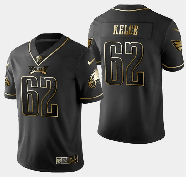 Baseball Jersey For Premium Teams-Men's Philadelphia Eagles #62 Jason Kelce Black Golden Edition Stitched Baseball Jersey