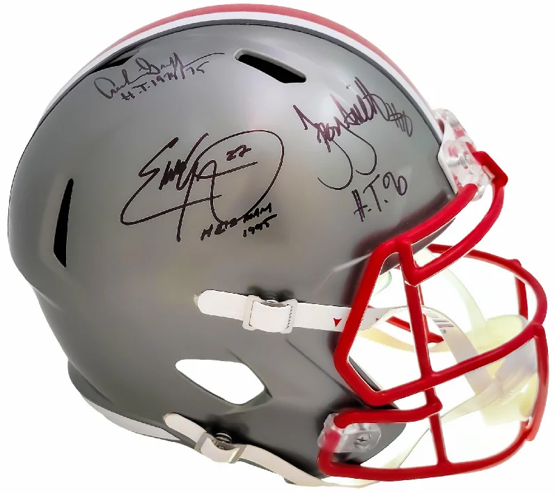 Rugby Helmet With Custom Embroidery-Archie Griffin, Eddie George & Troy Smith Autographed Ohio State Buckeyes Flash Gray Full Size Replica Speed Helmet "Heisman" Beckett BAS QR Stock #203901