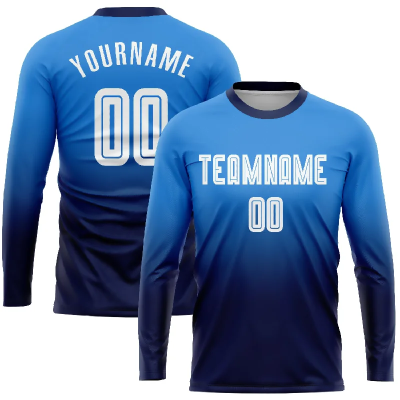 Football Jersey For Large Teams-Custom Powder Blue White-Navy Sublimation Long Sleeve Fade Fashion Soccer Uniform Jersey