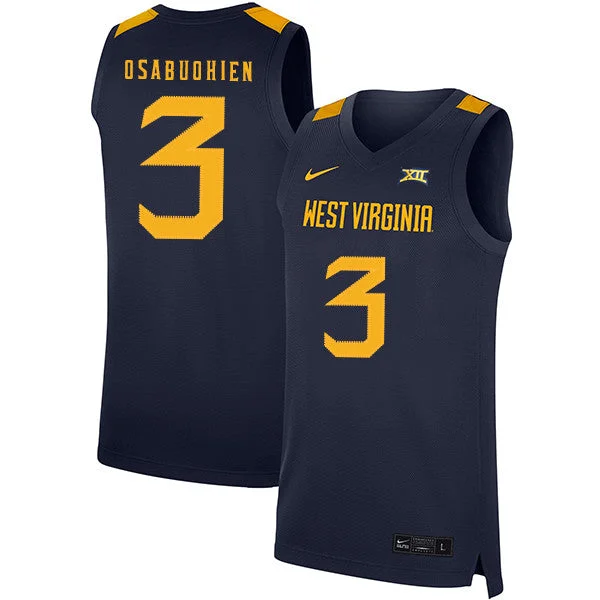 West Virginia Mountaineers 3 Gabe Osabuohien Navy Basketball College Basketball Jersey