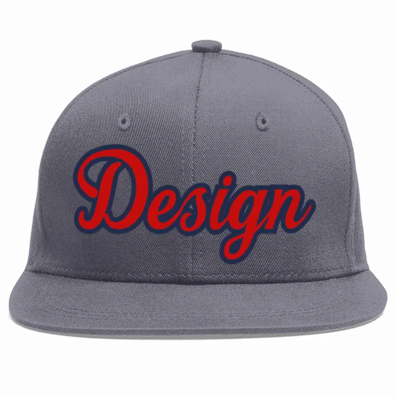 Baseball Cap For Sporty Look-Custom Dark Gray Red-Navy Flat Eaves Sport Baseball Cap Design for Men/Women/Youth