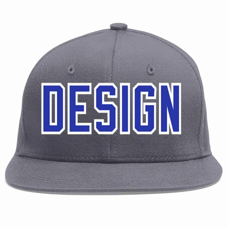 Baseball Cap For Custom Teams-Custom Dark Gray Royal-White Flat Eaves Sport Baseball Cap Design for Men/Women/Youth