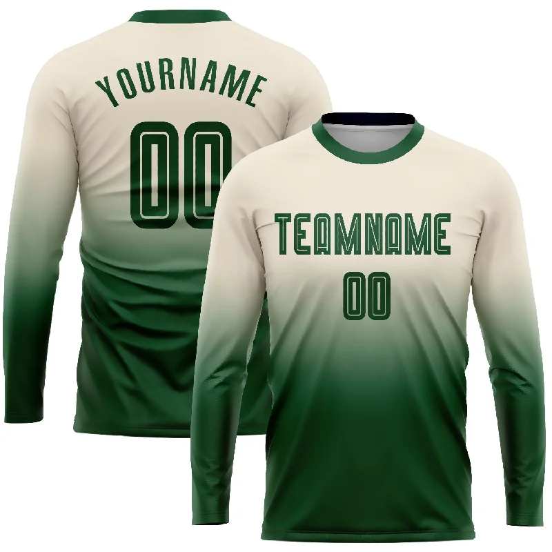 Football Jersey For Special Occasion Gifts-Custom Cream Green Sublimation Long Sleeve Fade Fashion Soccer Uniform Jersey