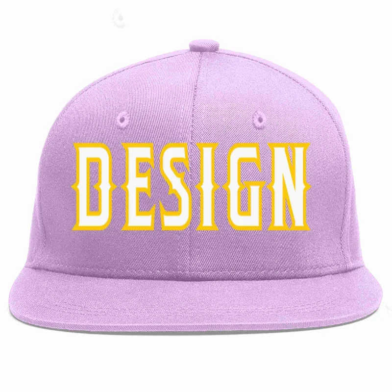 Baseball Cap For Family Trips-Custom Light Purple White-Gold Flat Eaves Sport Baseball Cap Design for Men/Women/Youth