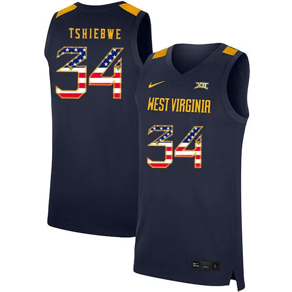 Football Jersey For Custom Orders With Logo-Basketball Jersey For Custom Orders With Logo-West Virginia Mountaineers 34 Oscar Tshiebwe Navy USA Flag Basketball College Basketball Jersey