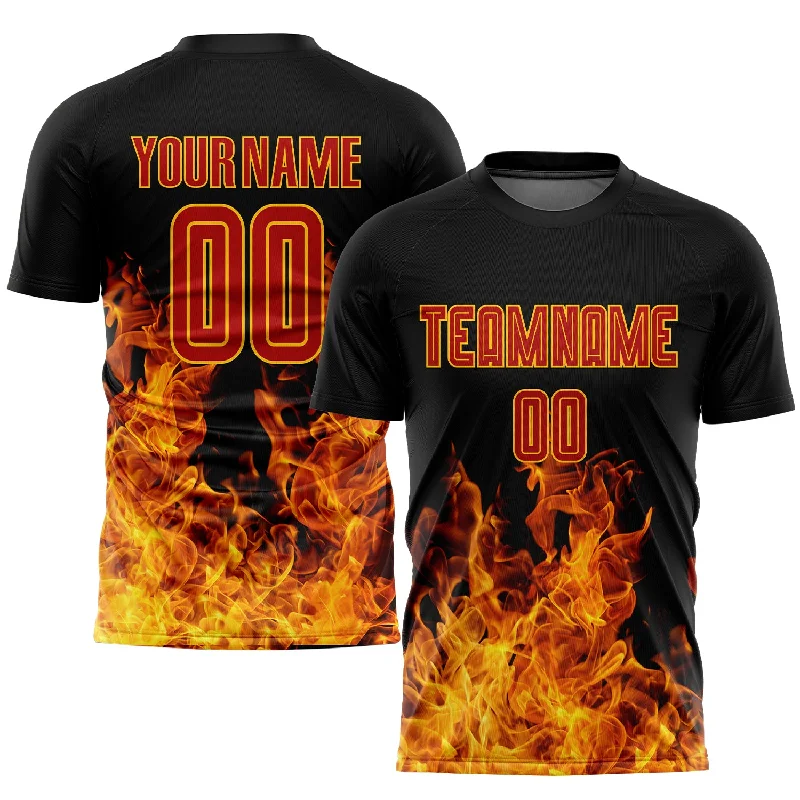 Football Jersey For Custom Orders-Custom Black Red-Gold Flame Sublimation Soccer Uniform Jersey