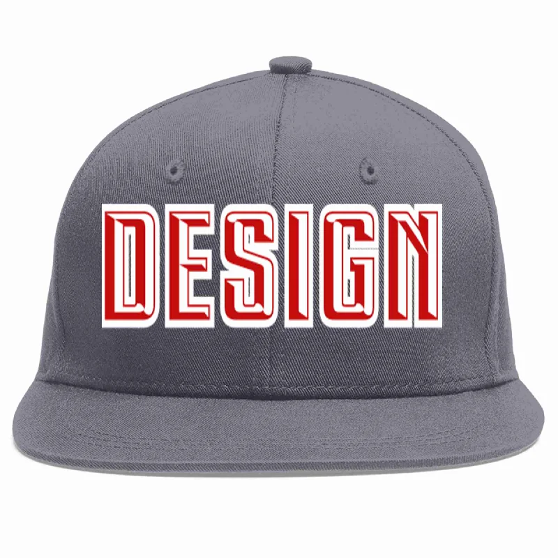 Baseball Cap With Team Logos-Custom Dark Gray Red-White Flat Eaves Sport Baseball Cap Design for Men/Women/Youth