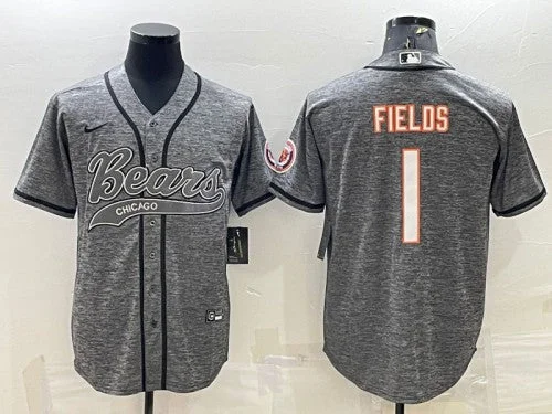 Baseball Jersey For Custom Player Fit-Men's Chicago Bears #1 Justin Fields Gray With Patch Cool Base Stitched Baseball Jersey