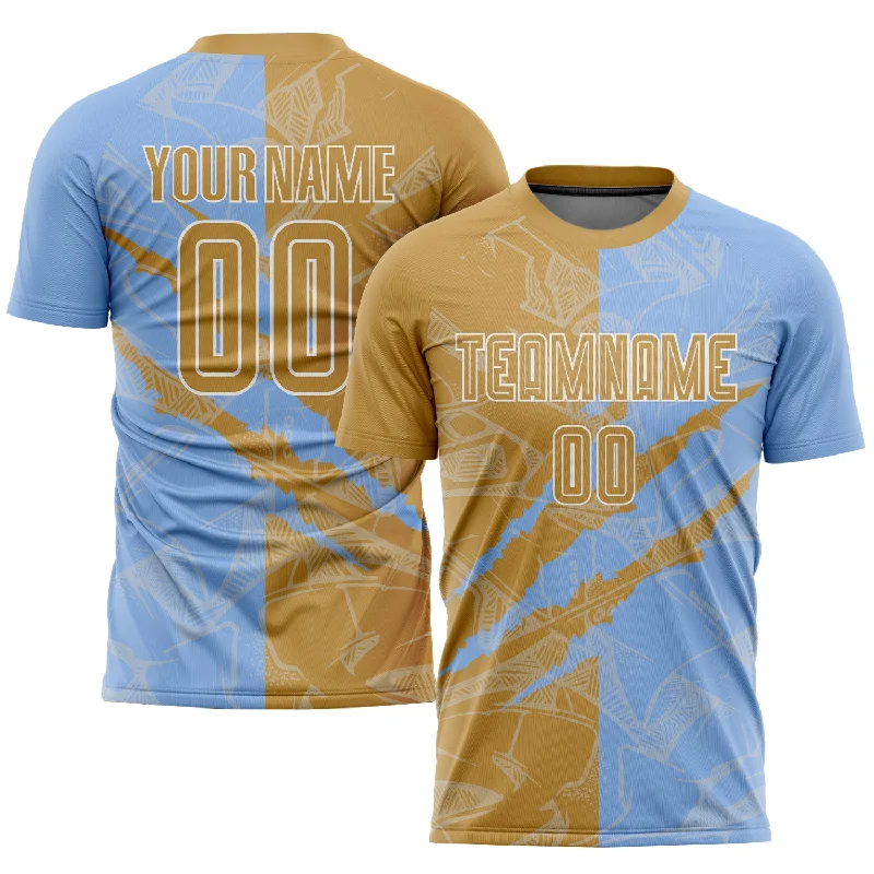 Youth Football Jersey-Custom Graffiti Pattern Old Gold-Light Blue Scratch Sublimation Soccer Uniform Jersey