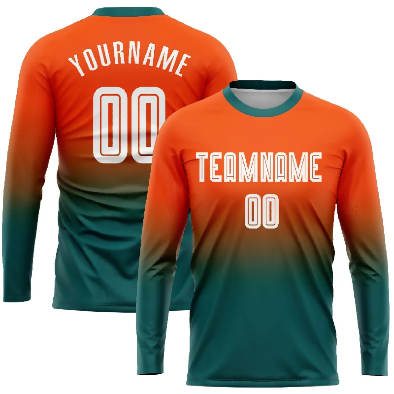 Football Jersey With Number And Name-Custom Orange White-Teal Sublimation Long Sleeve Fade Fashion Soccer Uniform Jersey