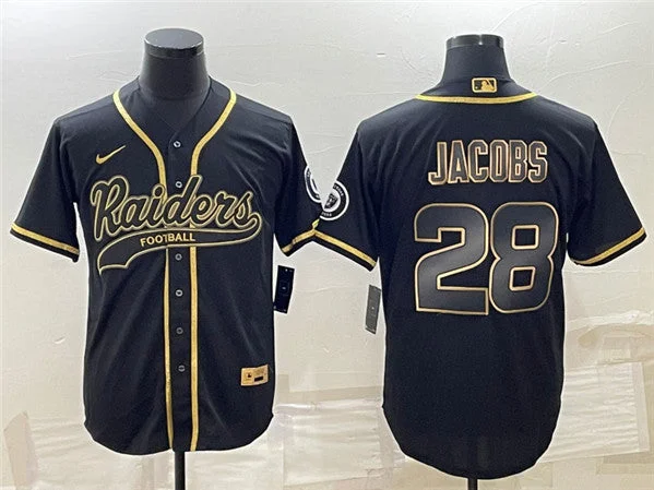 Baseball Jersey For College Sports-Men's Las Vegas Raiders #28 Josh Jacobs Black Gold With Patch Cool Base Stitched Baseball Jersey