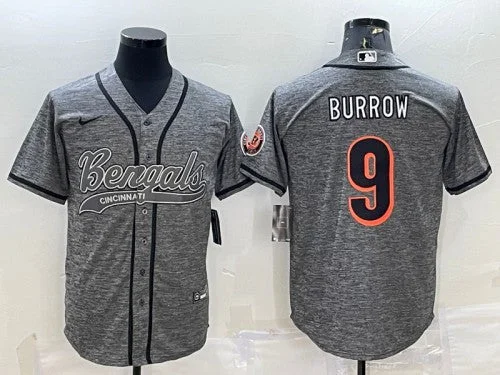 Baseball Jersey For Softball And Baseball Leagues-Men's Cincinnati Bengals #9 Joe Burrow Gray With Patch Cool Base Stitched Baseball Jersey