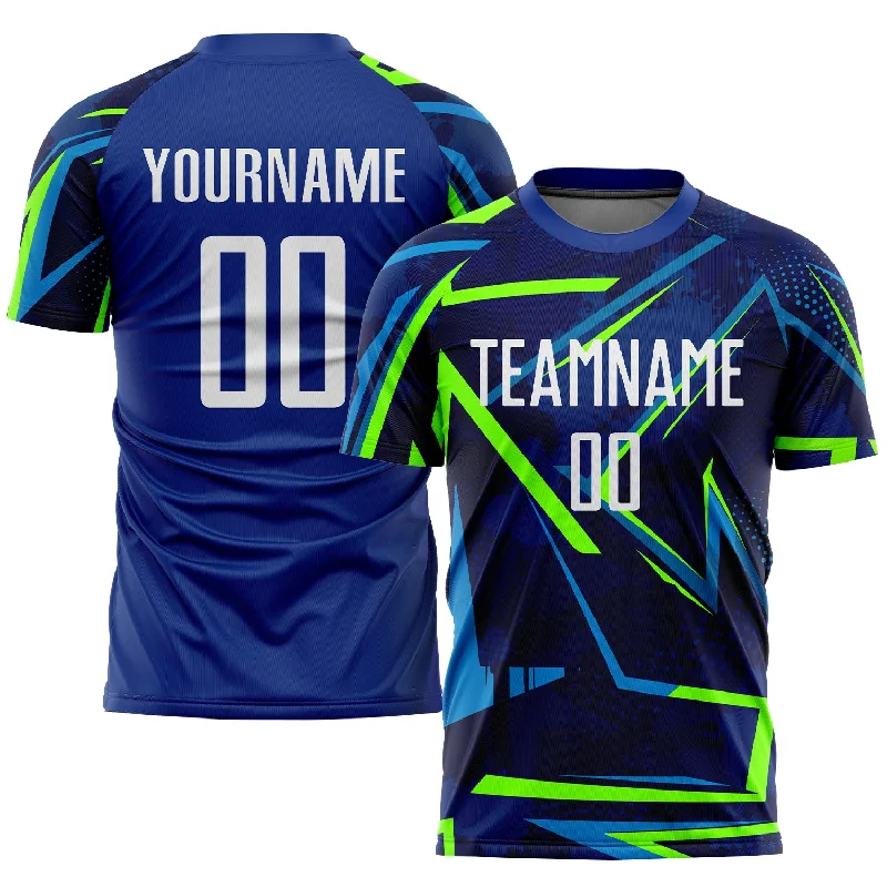 Football Jersey With Game Day Details-Custom Royal White-Neon Green Sublimation Soccer Uniform Jersey