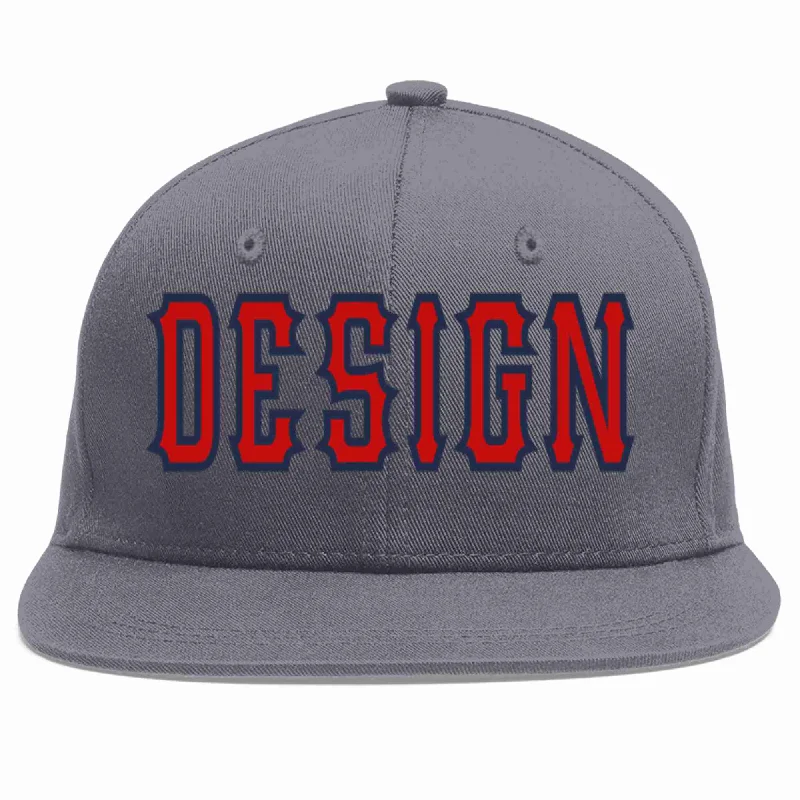 Baseball Cap With Tailored Fit-Custom Dark Gray Red-Navy Flat Eaves Sport Baseball Cap Design for Men/Women/Youth