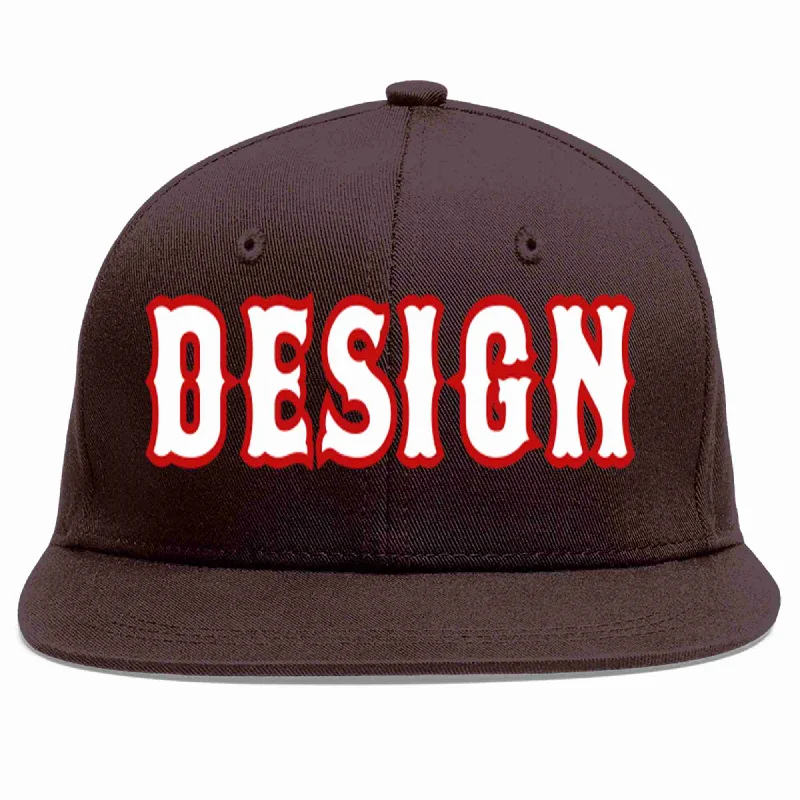 Baseball Cap With Patterned Designs-Custom Brown White-Red Flat Eaves Sport Baseball Cap Design for Men/Women/Youth