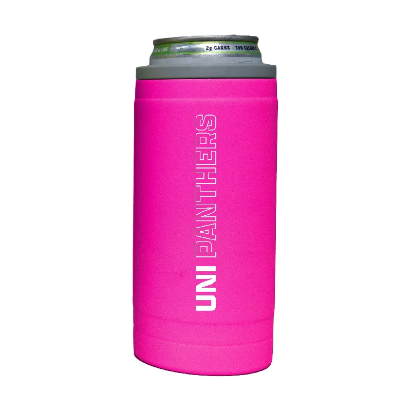 Team Mug For Corporate Events-Northern Iowa 12oz Electric Stacked Soft Touch Slim Coolie