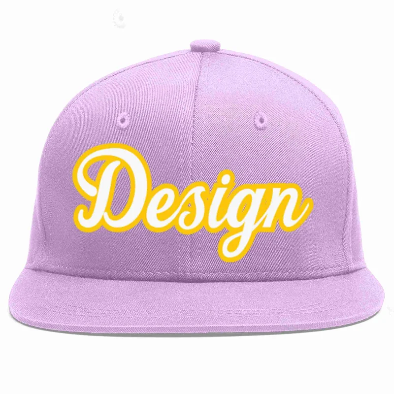 Baseball Cap For Running Events-Custom Light Purple White-Gold Flat Eaves Sport Baseball Cap Design for Men/Women/Youth