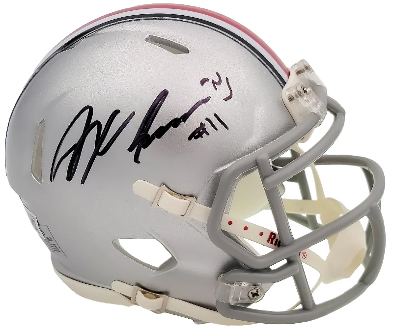 Rugby Helmet For Easy Adjustments-Jaxon Smith-Njigba Autographed Ohio State Buckeyes Silver Speed Mini Helmet Beckett BAS QR Stock #203466