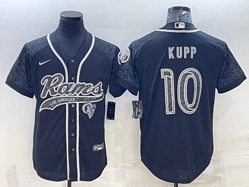 Baseball Jersey With Player Numbers And Logos-Men's Los Angeles Rams #10 Cooper Kupp Black Reflective With Patch Cool Base Stitched Baseball Jersey