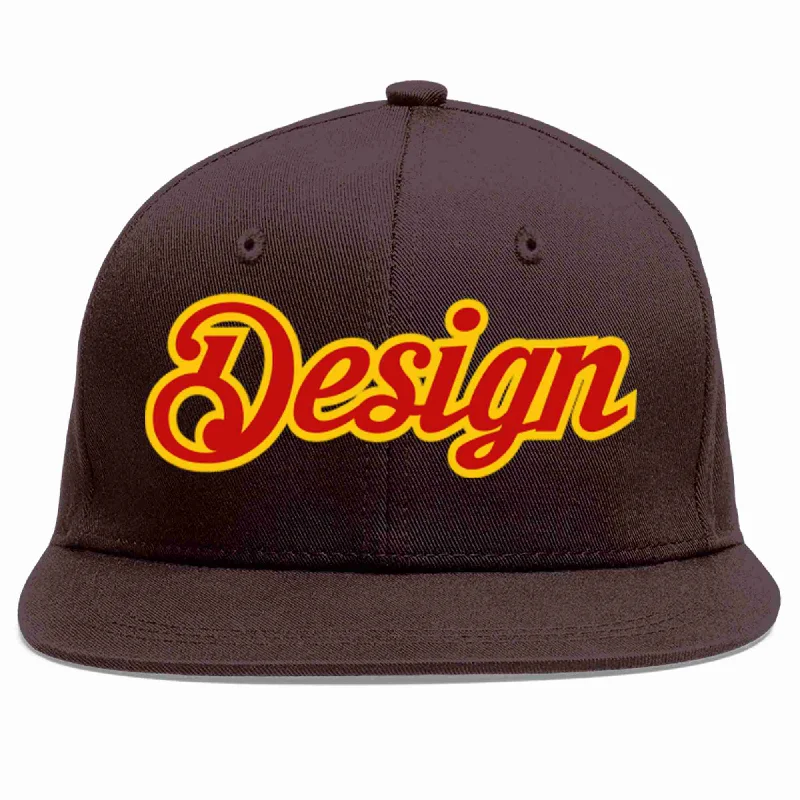 Baseball Cap For Retro Look-Custom Brown Red-Yellow Flat Eaves Sport Baseball Cap Design for Men/Women/Youth