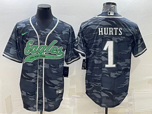 Baseball Jersey For Custom Sports Events-Men's Philadelphia Eagles #1 Jalen Hurts Gray Camo With Patch Cool Base Stitched Baseball Jersey