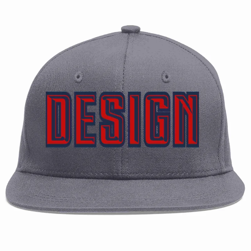 Baseball Cap For Custom Team Gear-Custom Dark Gray Red-Navy Flat Eaves Sport Baseball Cap Design for Men/Women/Youth