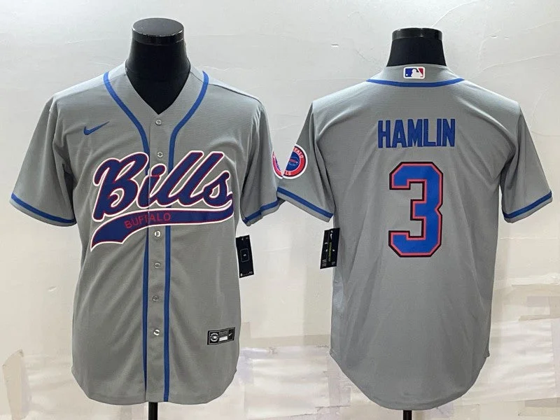 Baseball Jersey For Tournament-Men's Buffalo Bills #3 Damar Hamlin Gray With Patch Cool Base Stitched Baseball Jersey