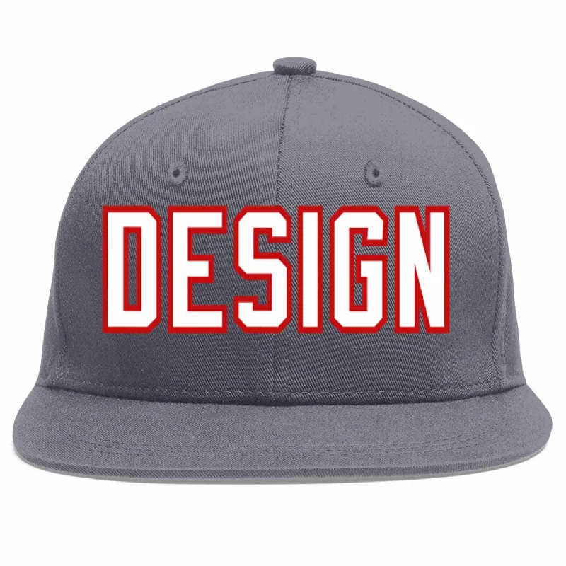 Baseball Cap With Artistic Designs-Custom Dark Gray White-Red Flat Eaves Sport Baseball Cap Design for Men/Women/Youth