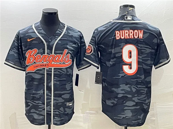 Baseball Jersey For Personalized Embroidery-Men's Cincinnati Bengals #9 Joe Burrow Gray Camo With Patch Cool Base Stitched Baseball Jersey