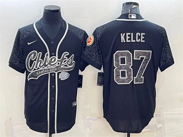 Baseball Jersey For Fan Support-Men's Kansas City Chiefs #87 Travis Kelce Black Reflective With Patch Cool Base Stitched Baseball Jersey