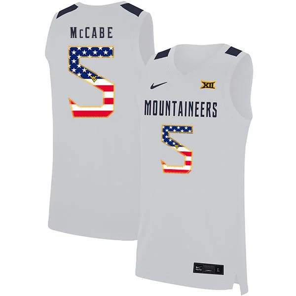 Football Jersey For Team Workouts-Basketball Jersey For Team Workouts-West Virginia Mountaineers 5 Jordan McCabe White USA Flag Basketball College Basketball Jersey