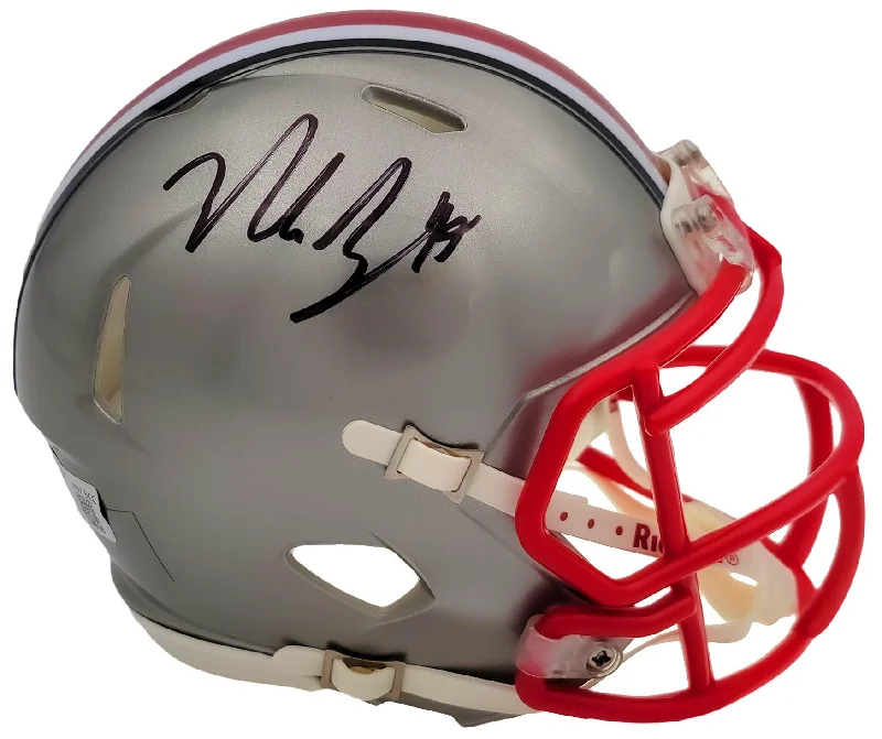 Rugby Helmet For Enhanced Head Protection-Nick Bosa Autographed Ohio State Buckeyes Flash Gray Speed Mini Helmet Beckett BAS QR Stock #203887