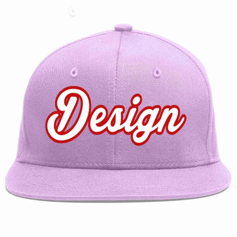 Baseball Cap With Cool Patches-Custom Light Purple White-Red Flat Eaves Sport Baseball Cap Design for Men/Women/Youth