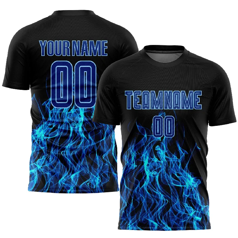 Football Jersey For Custom Team Logos-Custom Black Royal-Light Blue Flame Sublimation Soccer Uniform Jersey