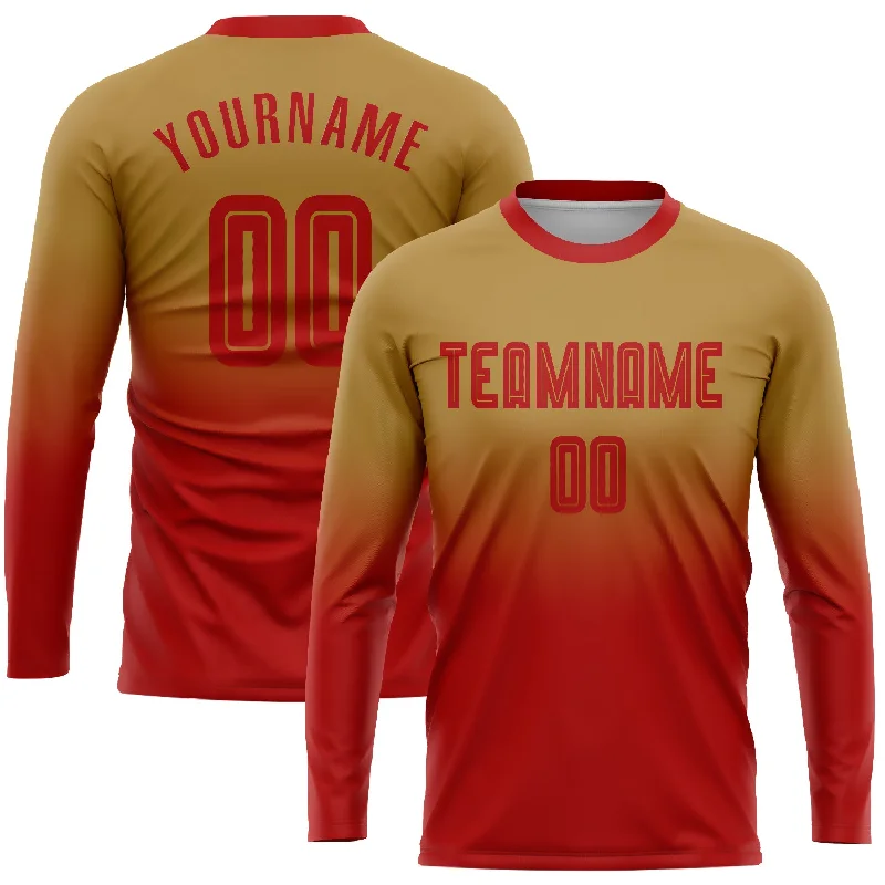 Football Jersey With Embroidered Logo-Custom Old Gold Red Sublimation Long Sleeve Fade Fashion Soccer Uniform Jersey