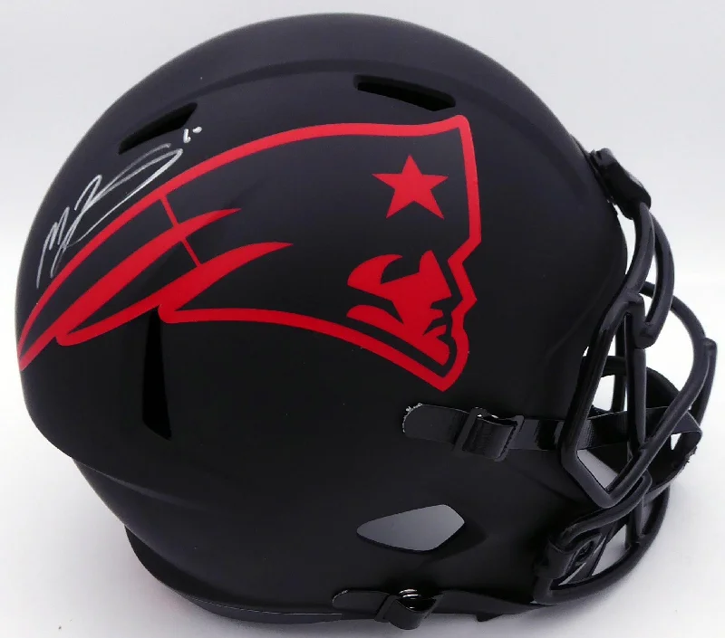 Rugby Helmet For Increased Protection-Mac Jones Autographed New England Patriots Eclipse Black Full Size Replica Speed Helmet (Light Auto) Beckett BAS QR #WS86061