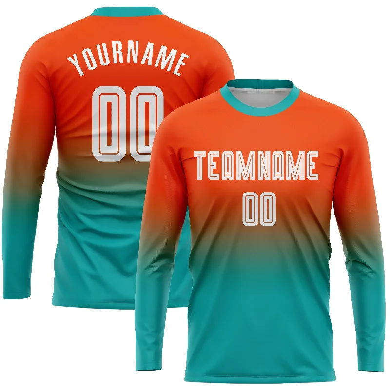 Football Jersey For Custom Group Orders-Custom Orange White-Aqua Sublimation Long Sleeve Fade Fashion Soccer Uniform Jersey