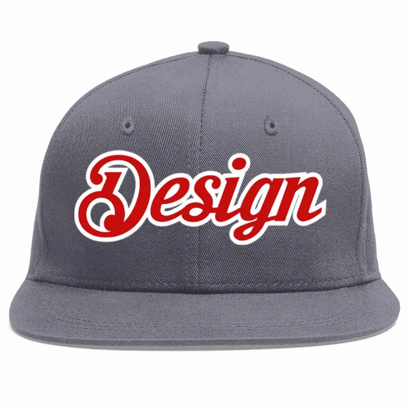 Baseball Cap For School Uniform-Custom Dark Gray Red-White Flat Eaves Sport Baseball Cap Design for Men/Women/Youth