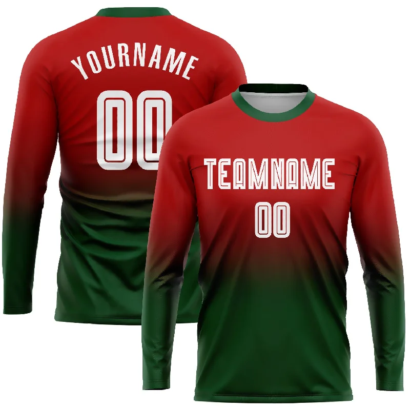 Football Jersey For College Sports-Custom Red White-Green Sublimation Long Sleeve Fade Fashion Soccer Uniform Jersey