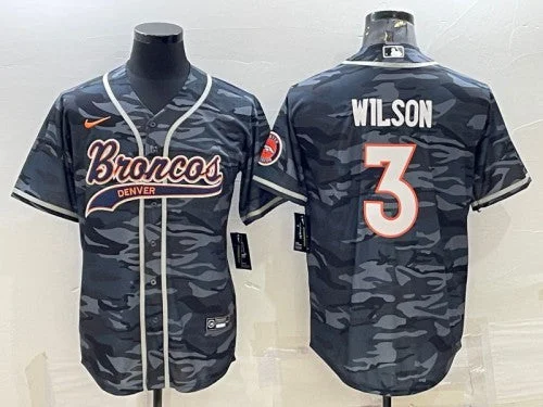 Baseball Jersey For Fan Support-Men's Denver Broncos #3 Russell Wilson Gray Camo With Patch Cool Base Stitched Baseball Jersey