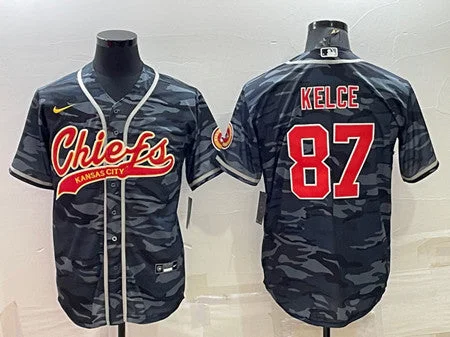 Baseball Jersey For Retro Fan Gear-Men's Kansas City Chiefs Blank #87 Travis Kelce Gray/Navy Camo With Patch Cool Base Stitched Baseball Jersey