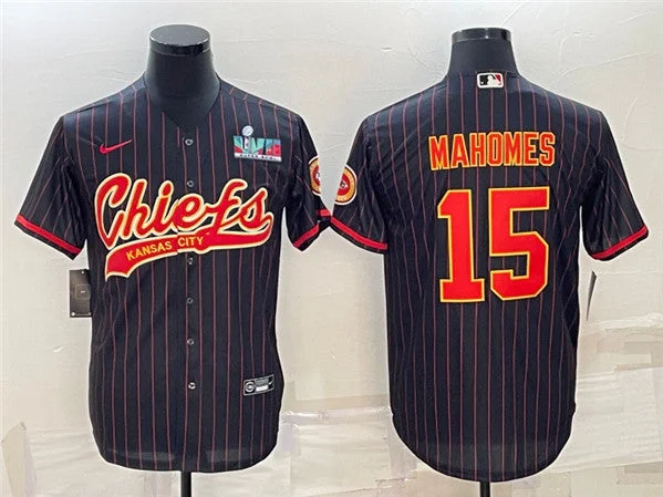 Baseball Jersey For Practice Sessions-Men's Kansas City Chiefs #15 Patrick Mahomes Black With Super Bowl LVII Patch Cool Base Stitched Baseball Jersey