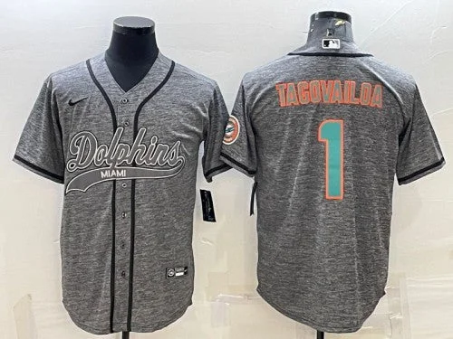 Baseball Jersey For Special Events-Men's Miami Dolphins #1 Tua Tagovailoa Gray With Patch Cool Base Stitched Baseball Jersey