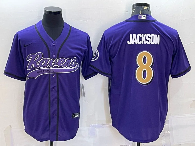 Baseball Jersey For College Alumni Teams-Men's Baltimore Ravens #8 Lamar Jackson Purple Gold With Patch Cool Base Stitched Baseball Jersey