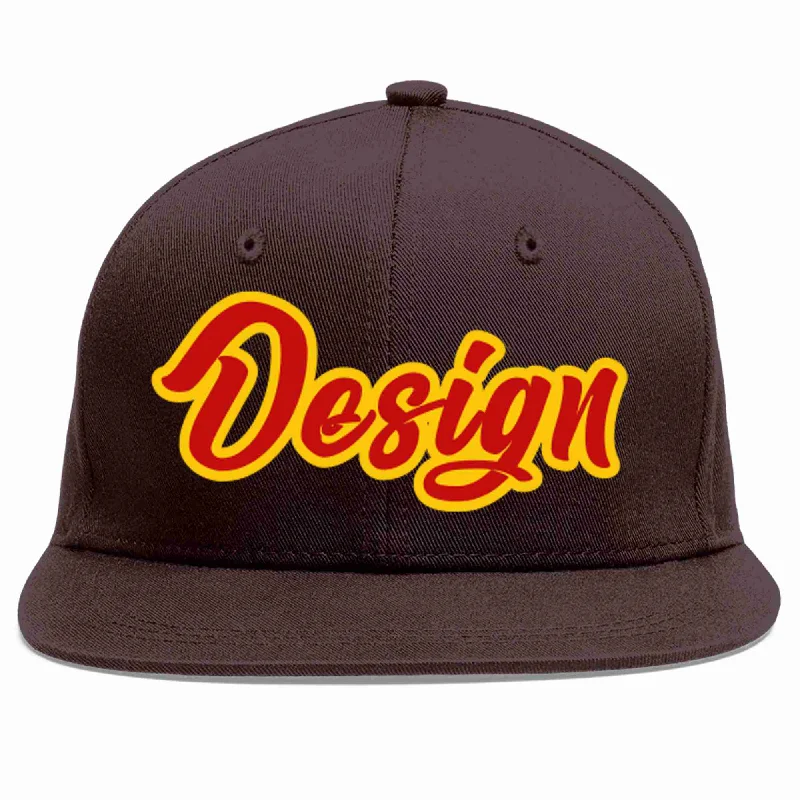 Baseball Cap For Event Merchandising-Custom Brown Red-Yellow Flat Eaves Sport Baseball Cap Design for Men/Women/Youth